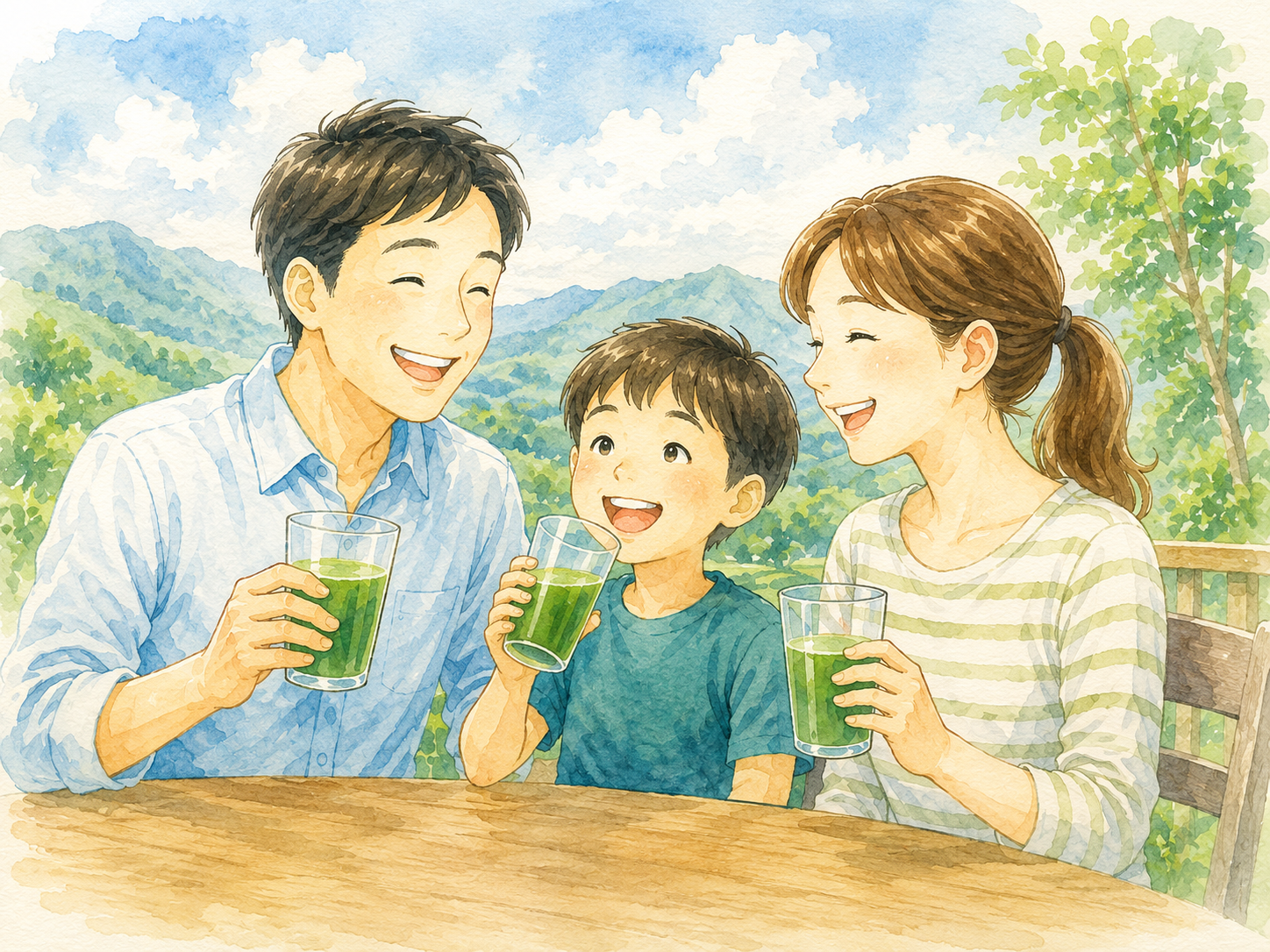 家族で青汁を楽しむ様子